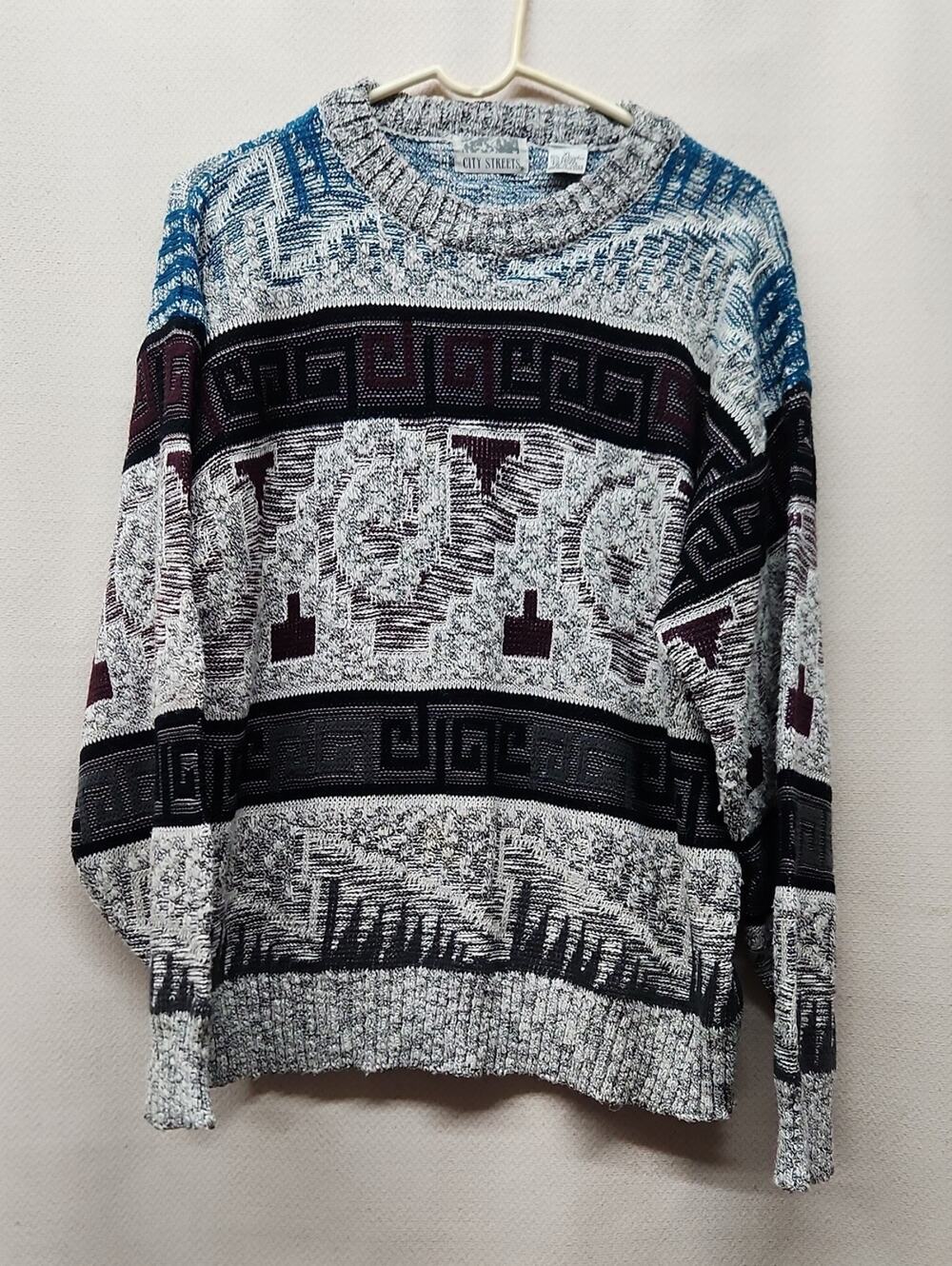 City Streets Men’s Patterned Crewneck Sweater - Blue, Black, White